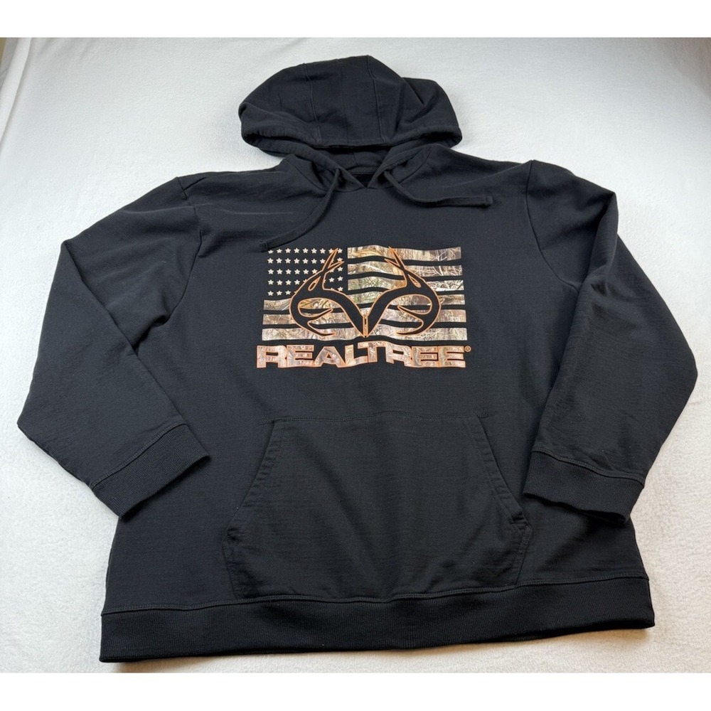 Realtree Men Hoodie XXL Black Camo Patriotic Long Sleeve Fleece Pullover